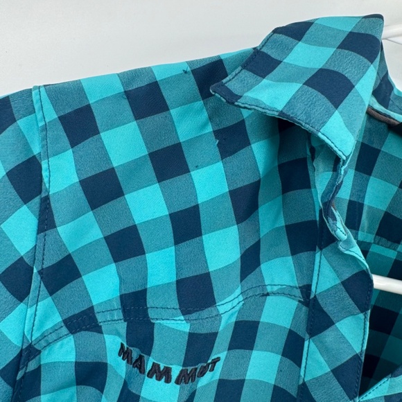 Mammut Top Women Medium Blue Plaid Check Button Up Short Sleeves Lightweight - Picture 3 of 10